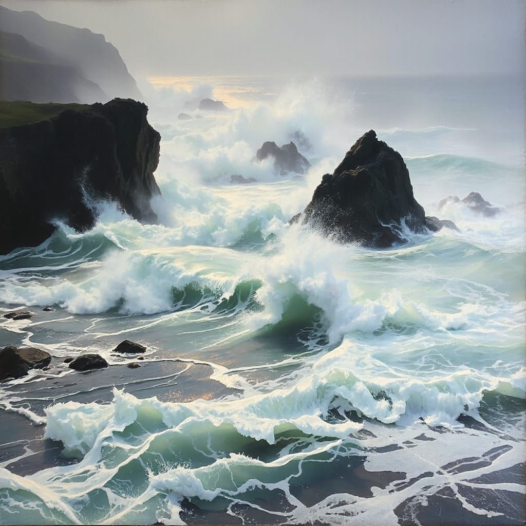 Turbulent Sea Crashing on Cliffs in Romantic Style