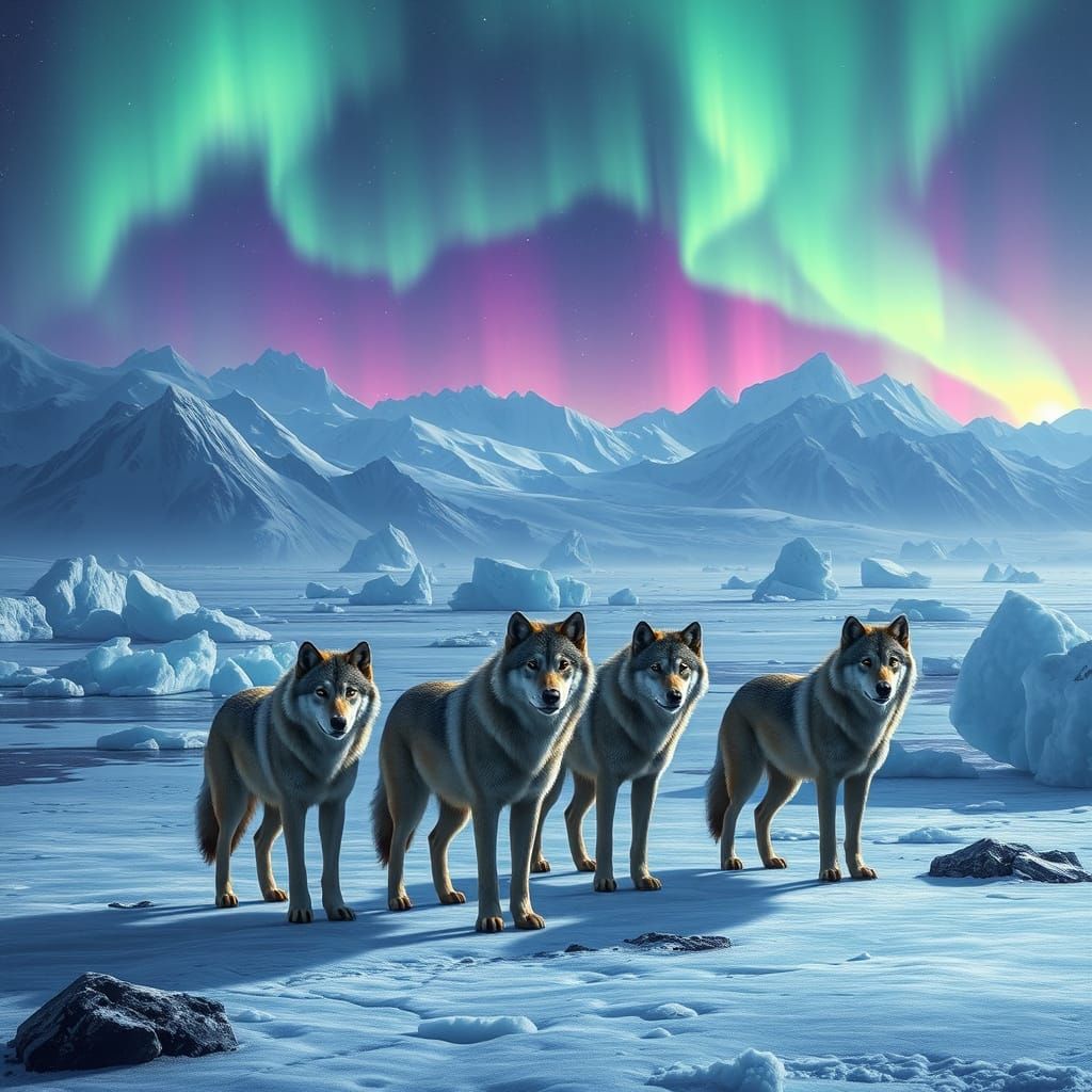 Wolves Stand Vigilant Under the Northern Lights