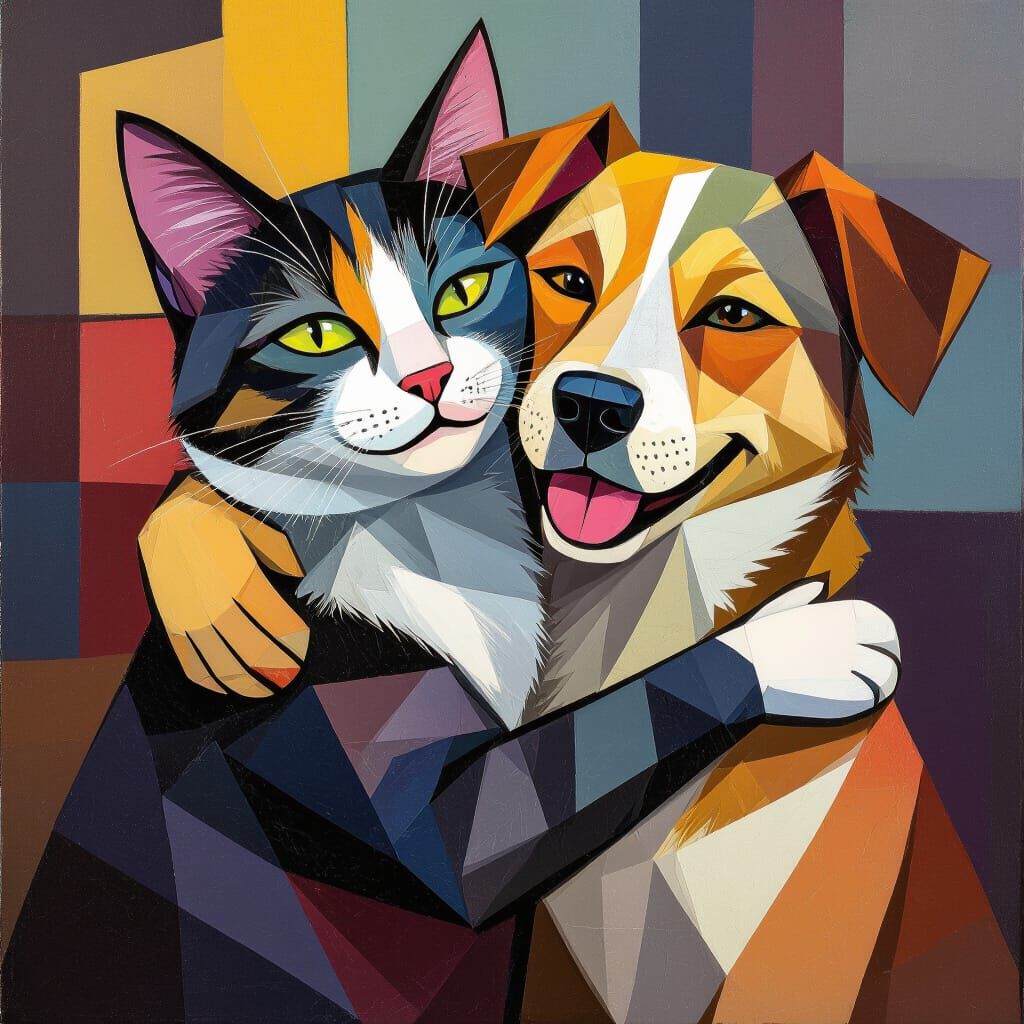 Cubist Painting of Cat and Dog Embracing Warmly