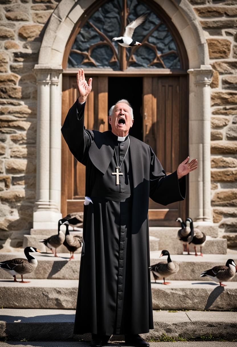Catholic Priest singing loudly infront of stone church with one brown Canadian goose on right