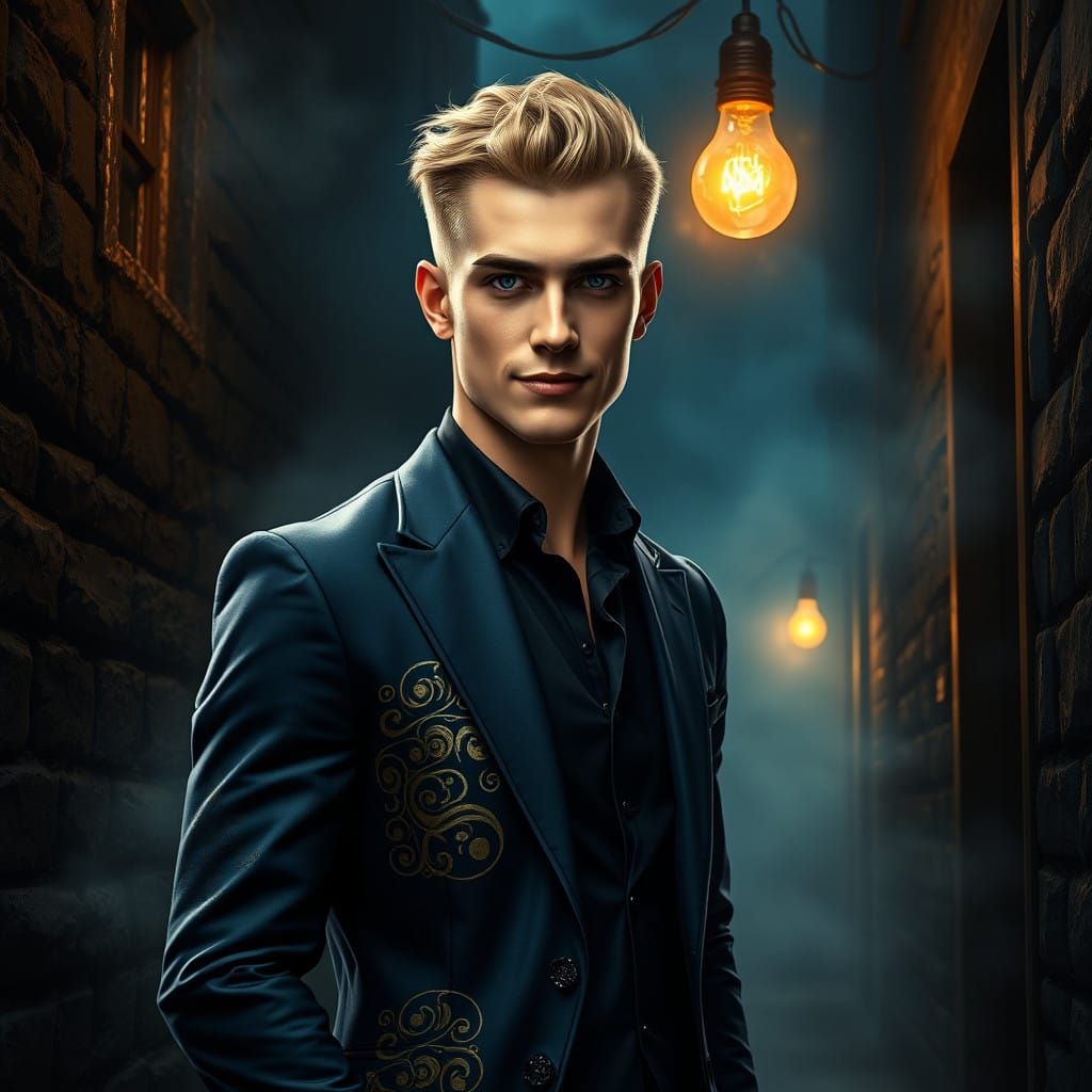 Chiseled Man in Navy Suit Stands in Mystical Alleyway