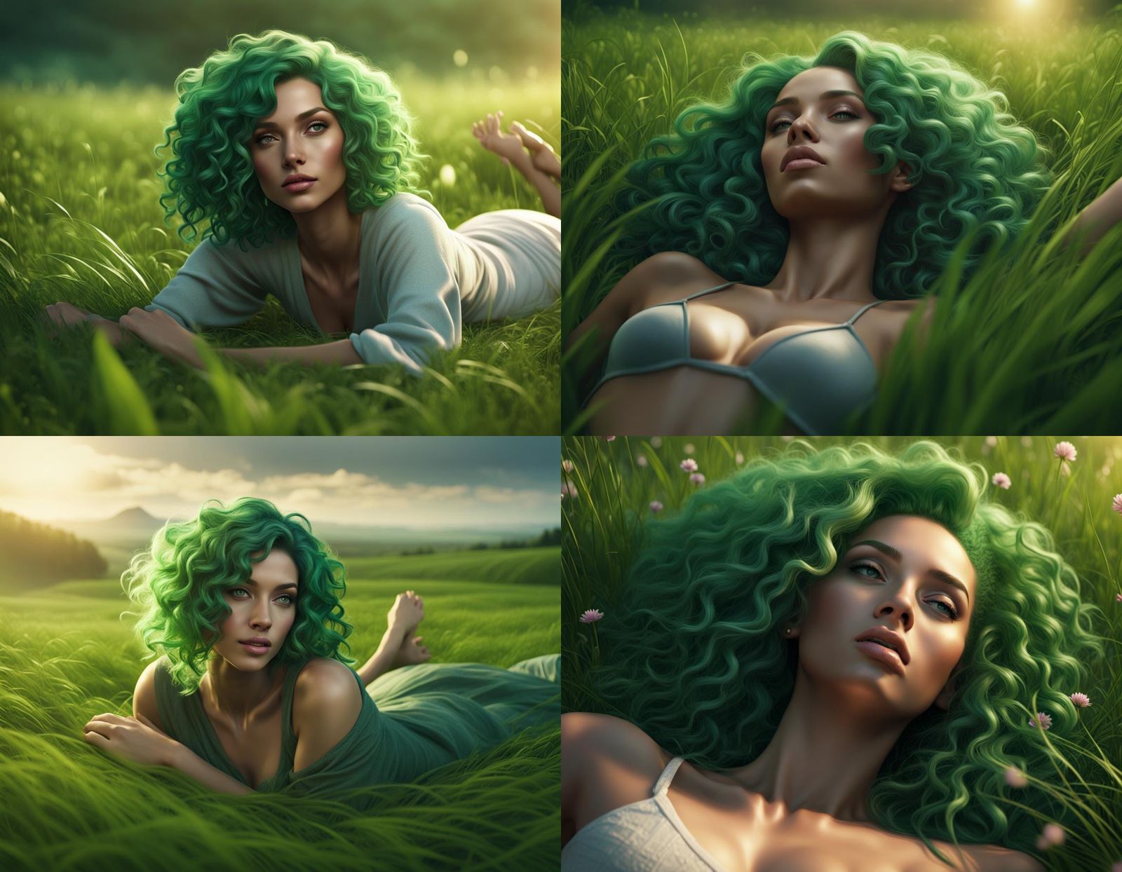 Green-Haired Goddess in a Luminous Field