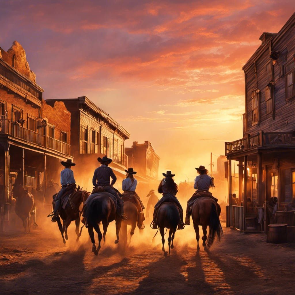 Sunset Western Scene with Cowboys and Cowgirls