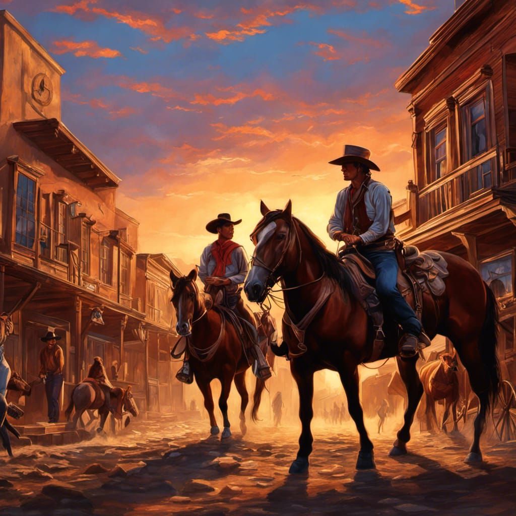 Cowboys and Cowgirls at Sunset in Hyperrealistic Style