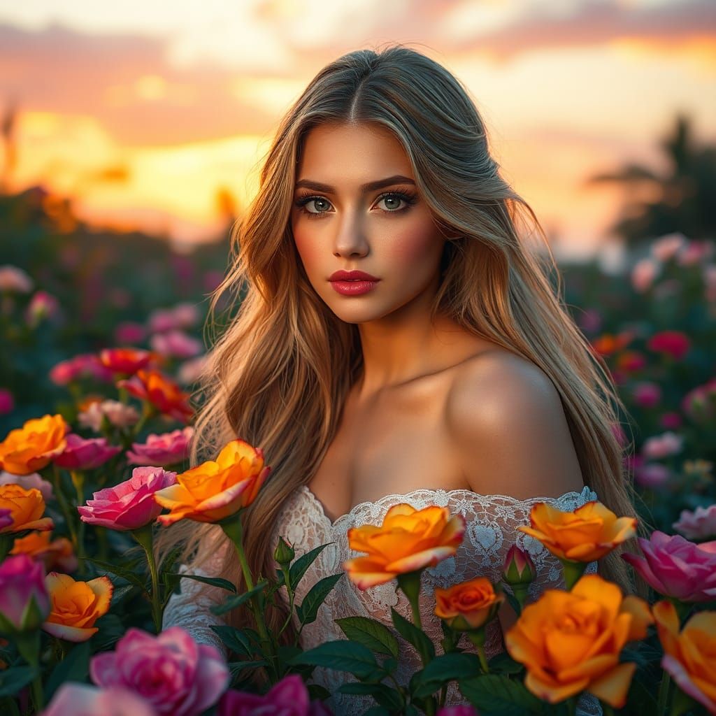Hyperrealistic Fairy in a Vibrant Garden at Sunset
