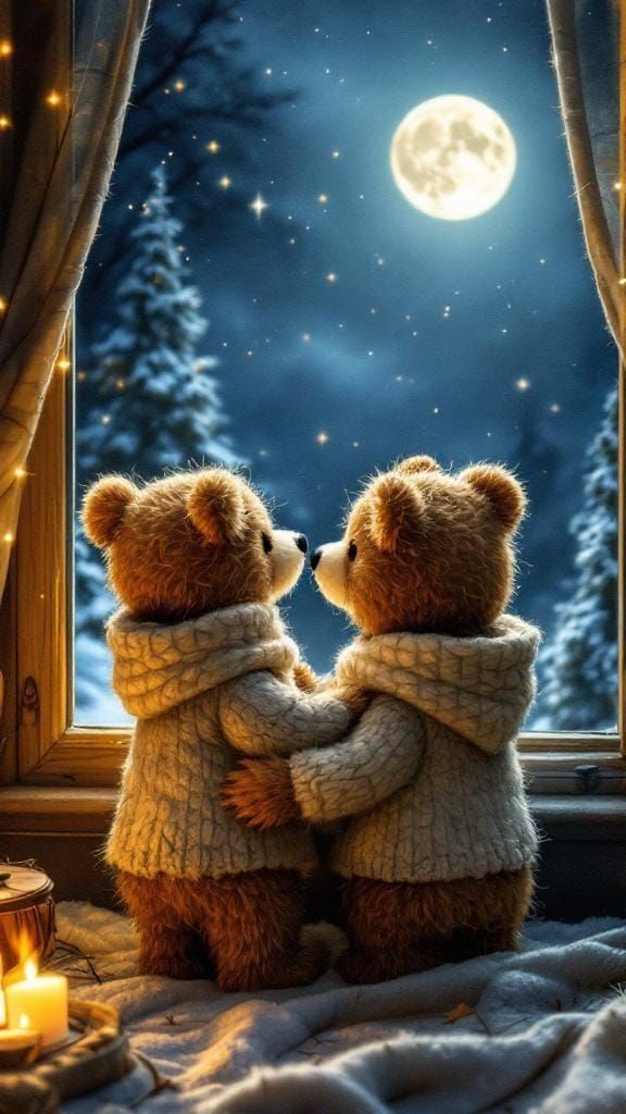 Felted Bears Gaze at Starry Night