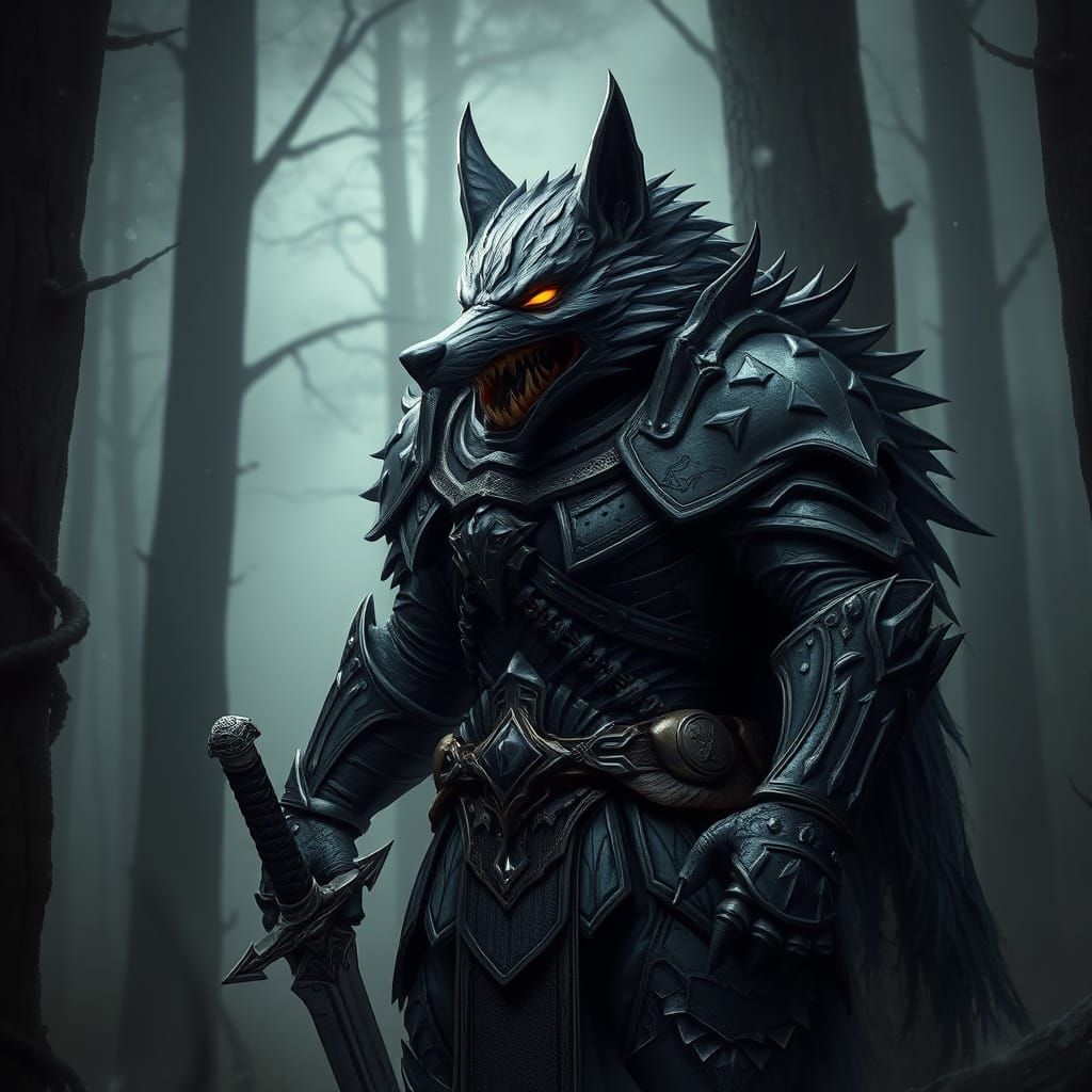 Fierce Medieval Warrior in Dark Forest with Wolf-Like Head