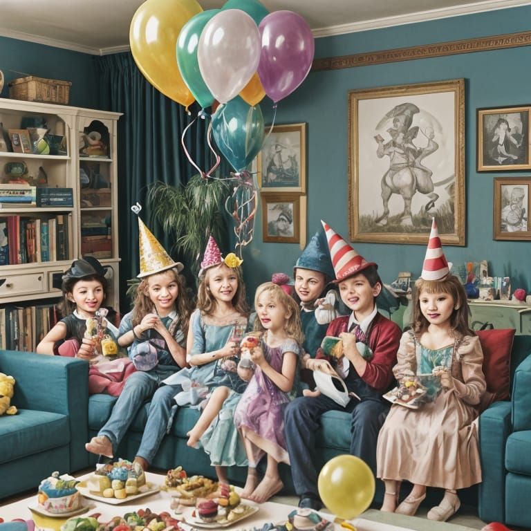 Joyful Children Celebrate Birthday in Whimsical Living Room....