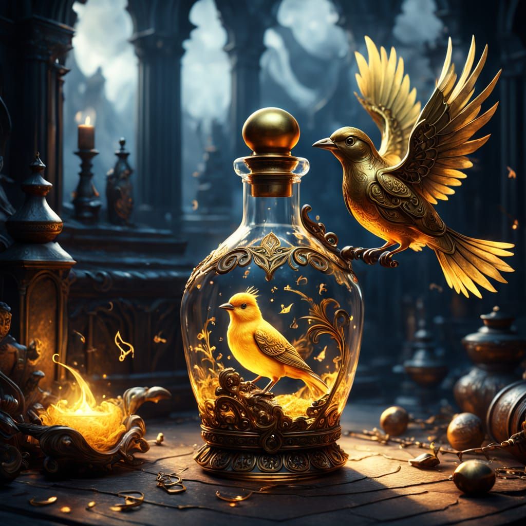 Golden Bird in Magical Potion Bottle with Swirling Smoke