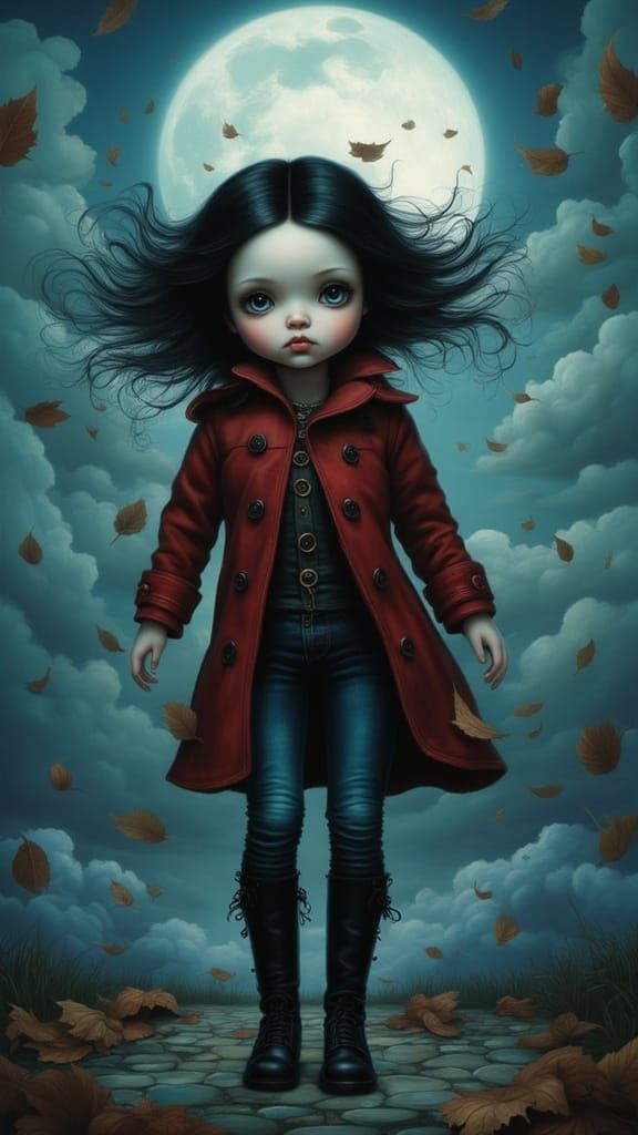 Mysterious Girl in Red Coat in Moonlit Wind