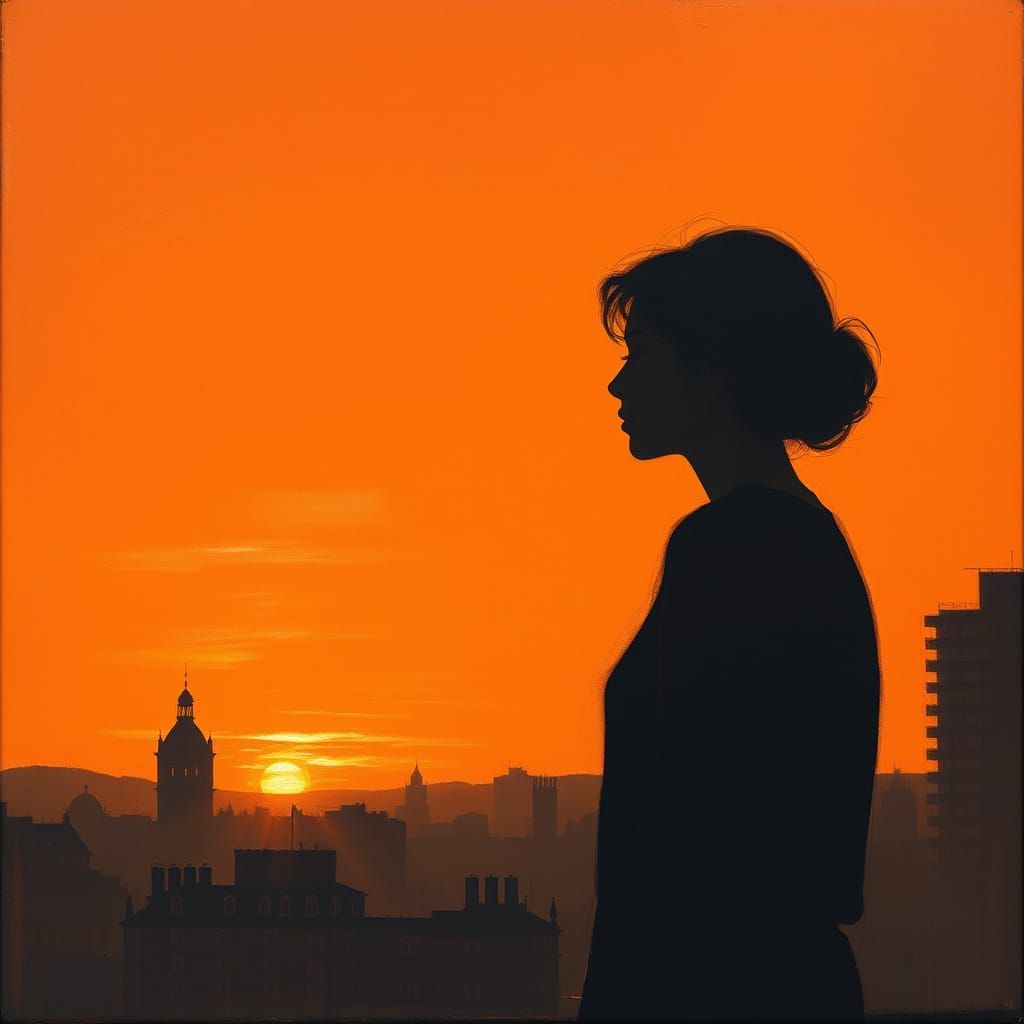 Woman in Thought on Orange Canvas