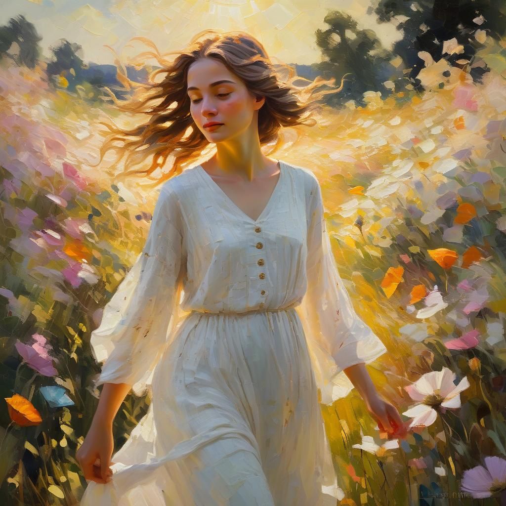 Neo-Impressionist Woman in Sunlit Flower Field