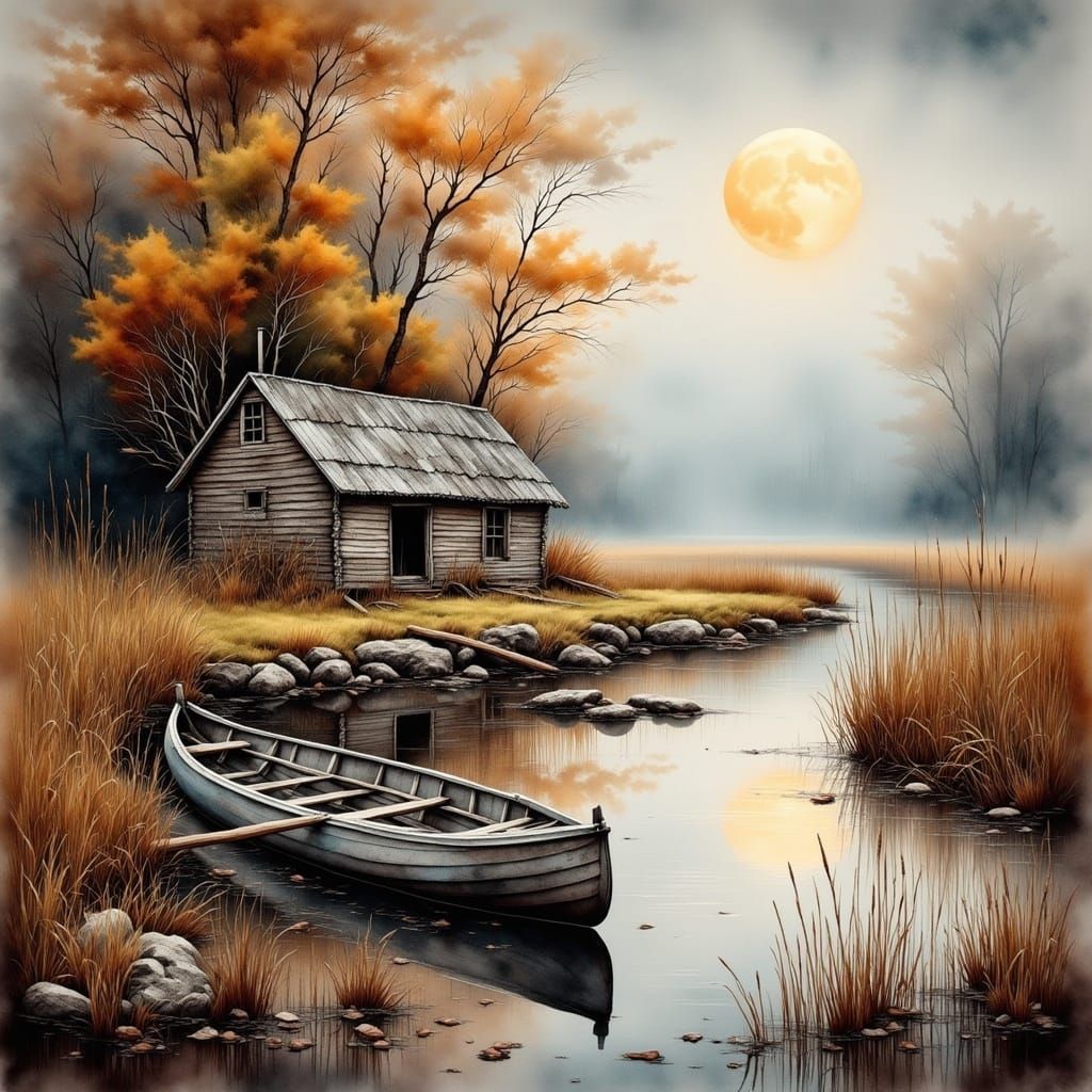Misty Moonlit Canoe in Antique Watercolor Style