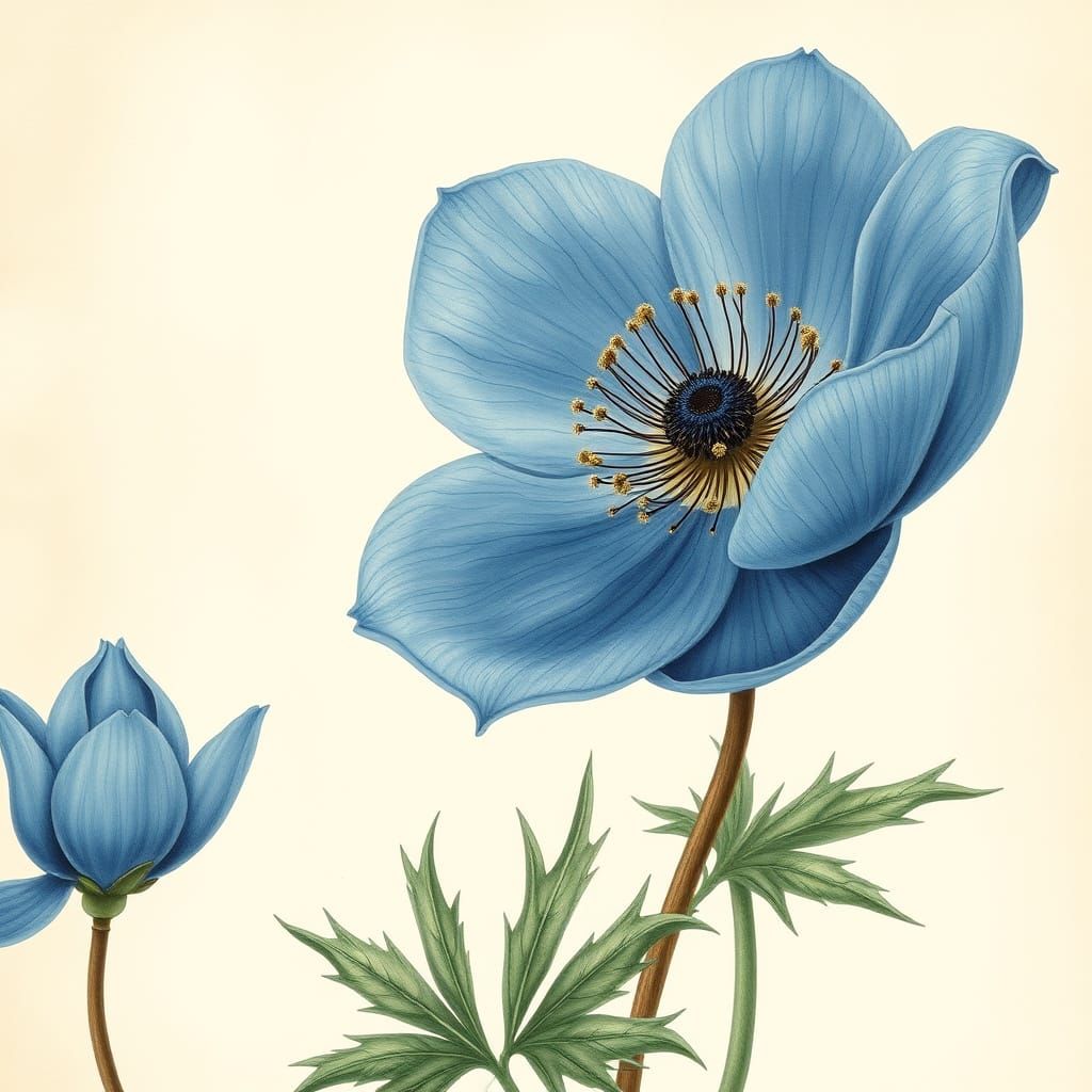 Blue Anemone Botanical Illustration for Wallpaper