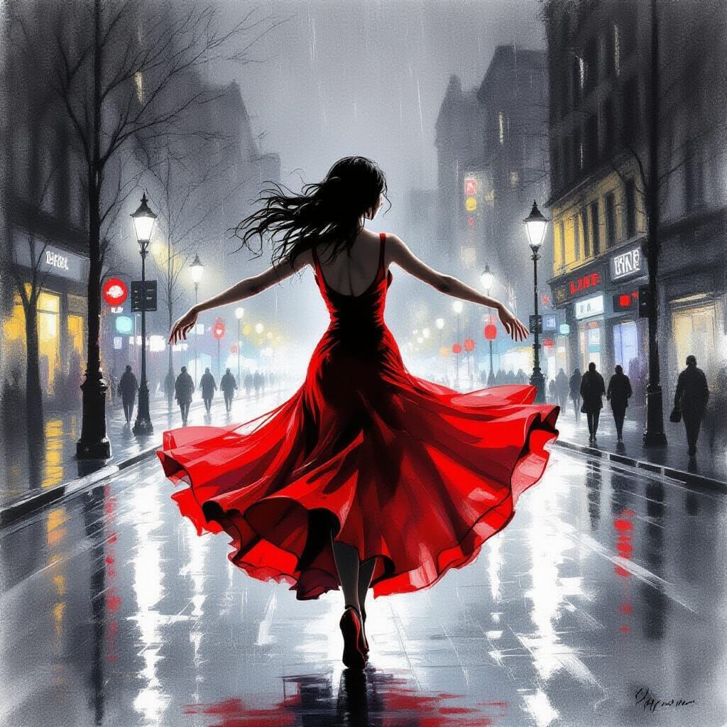 Female Dancer in Red Dress on Wet City Street at Night