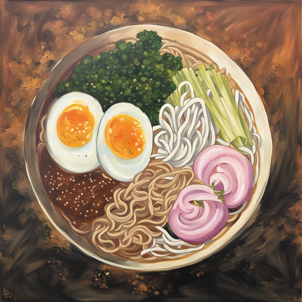 Vibrant Painting of a Steaming Bowl of Ramen