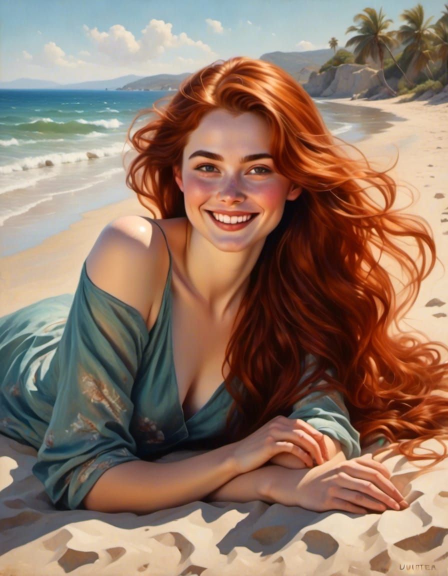 Joyful Woman on Beach in Fantasy Portrait