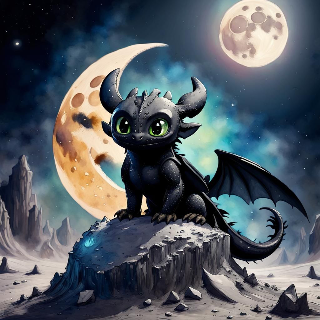 Toothless on the Moon: Watercolor Art