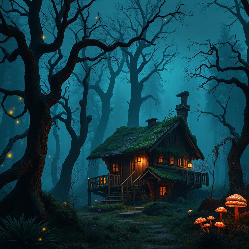 Whimsical Woodland Scene with Enchanted Witch Cabin
