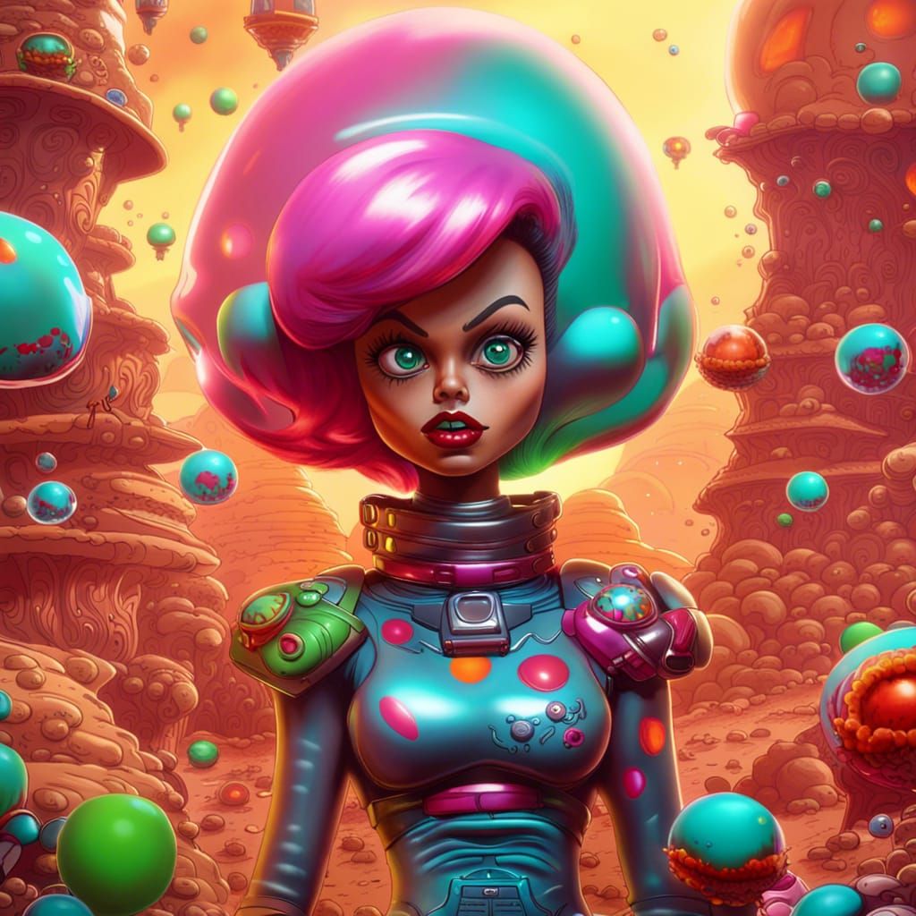 Martian Girl Blowing Bubblegum, Cartoon Matte Painting
