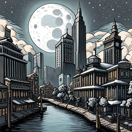 Pixel Art City on the Moon in Dieselpunk Style
