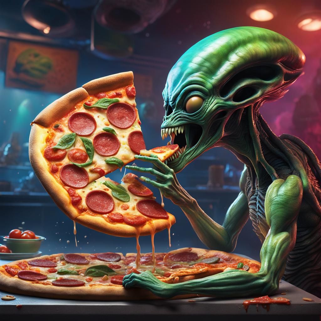 Hyperrealistic 3D Alien Eating Pizza