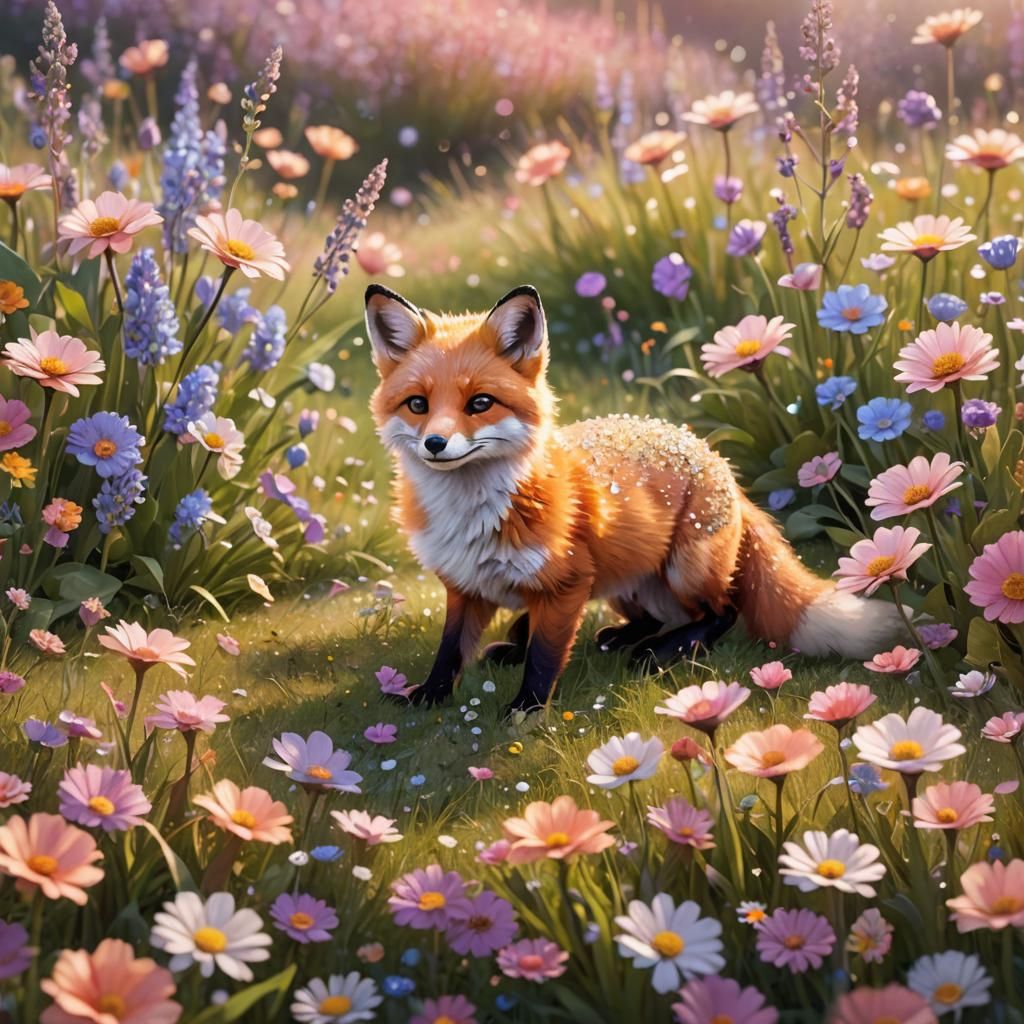 Cute Glitter Fox in Flower Field: Pixar-style Art