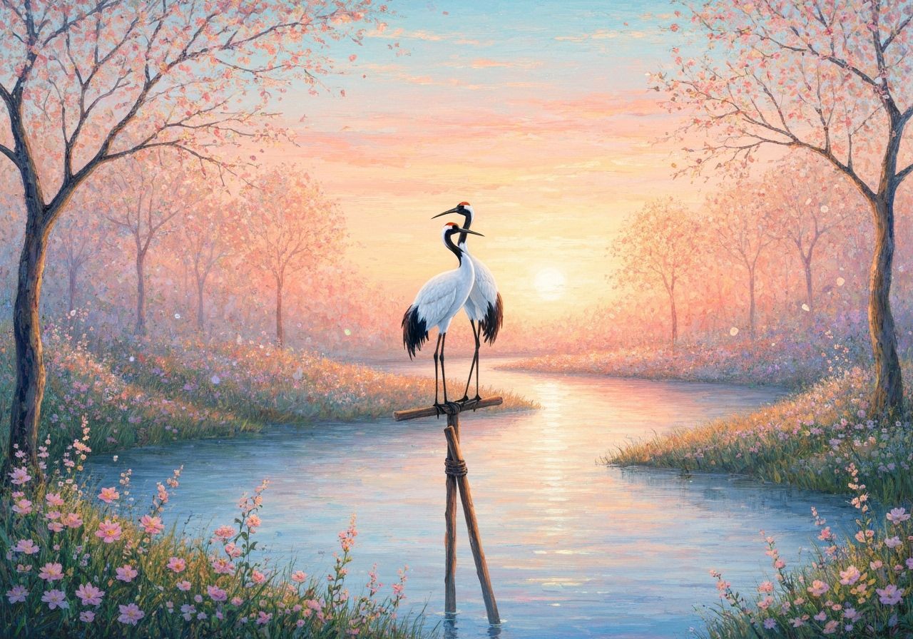 Cranes at Sunrise: Impressionistic Oil and Watercolor