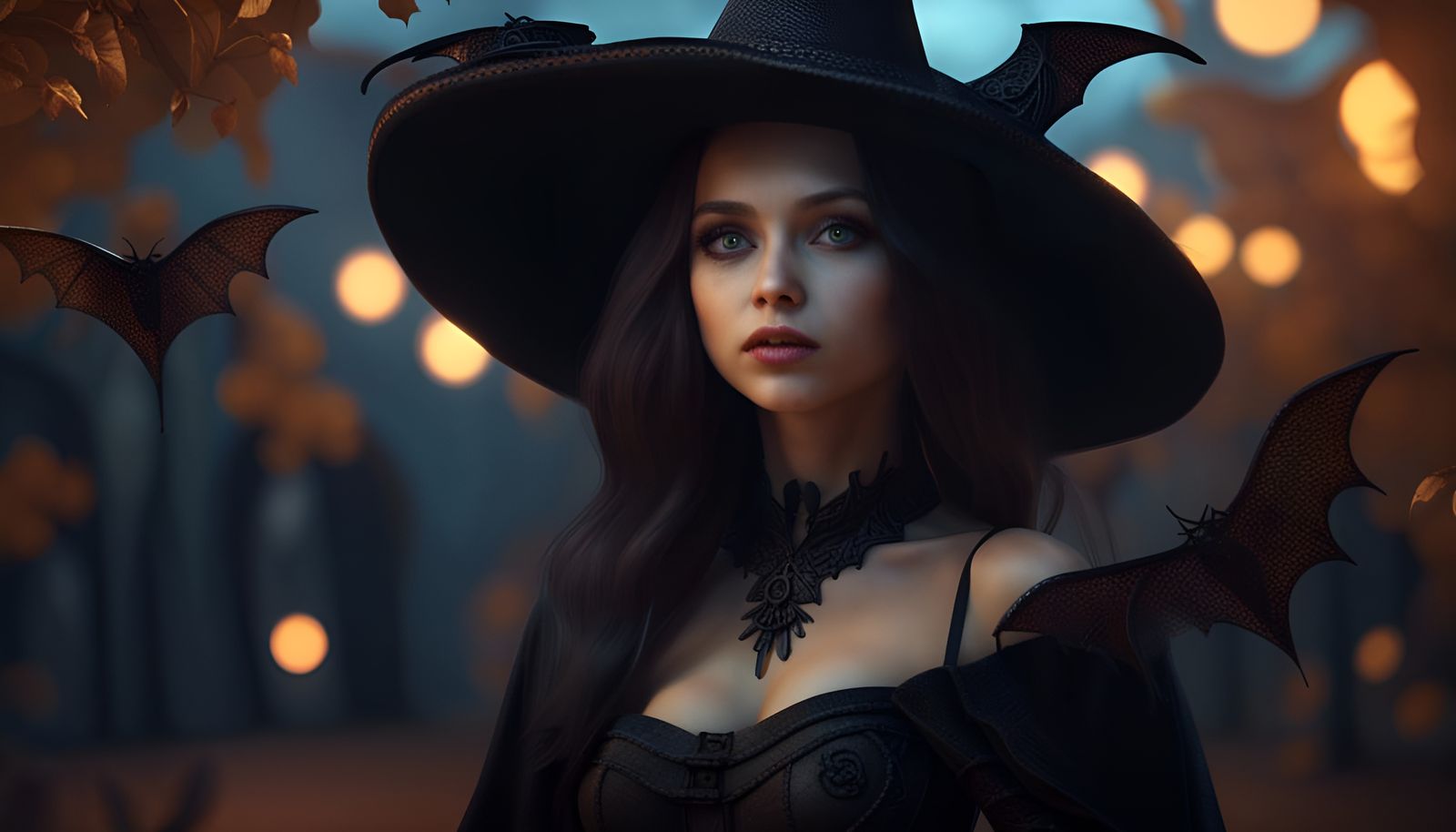 Girl in Witch Costume with Bats: 3D Render