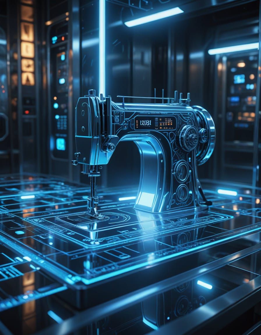 Futuristic Sewing Machine Elevator Ascends in High-Tech Envi...