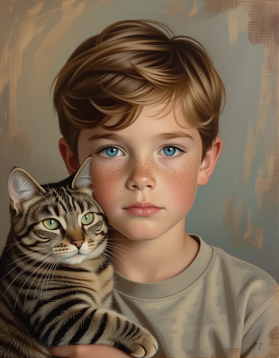 Boy and Tabby Cat Portrait in Painterly Style