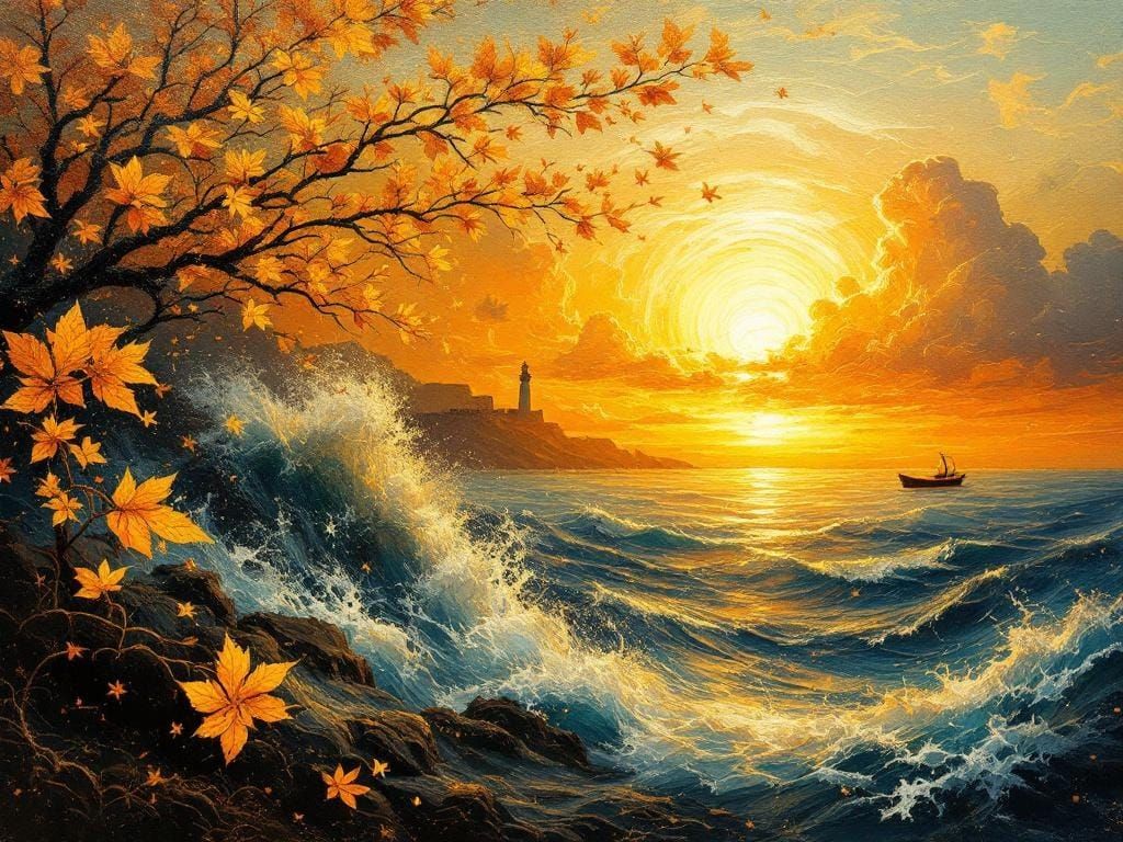 Golden Seascape Lighthouse in Encaustic Style