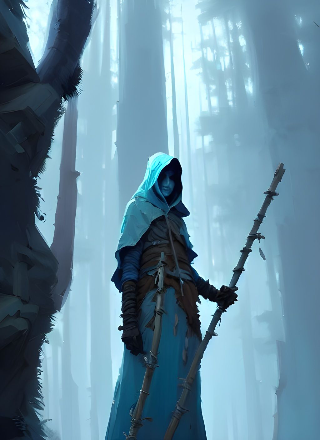 Hooded Druid with Glowing Staff: Digital Matte Painting