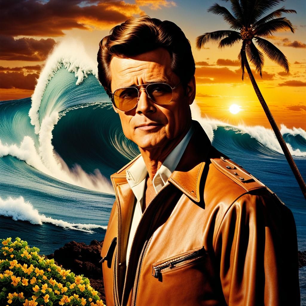 Hawaii 5-0, Jack Lord with sunglasses, posed for a picture, standing in front of a huge ocean wave, Hawaiian sun set, 19...