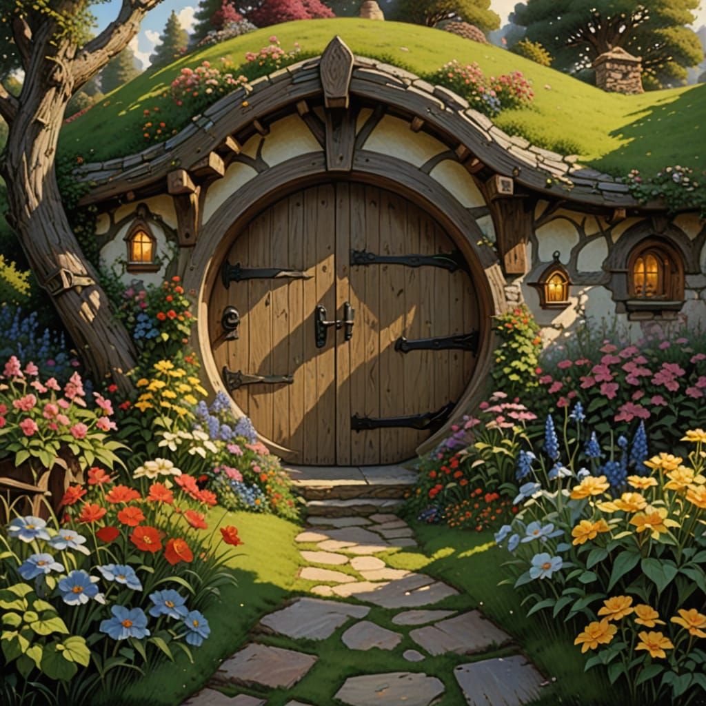 Charming Hobbit House Door in Illustrative Style