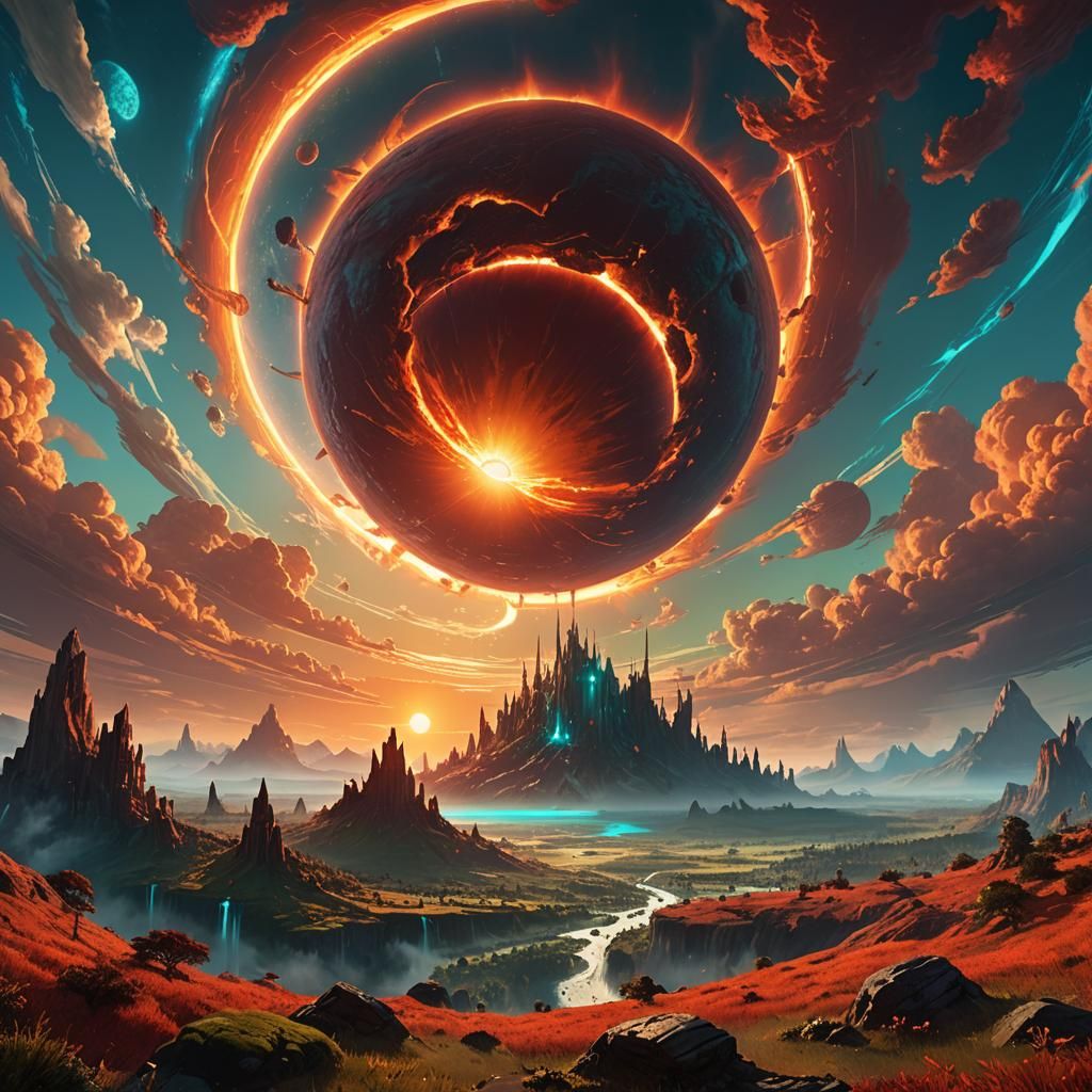 Giant Crimson Sun Over Fantastical Landscape