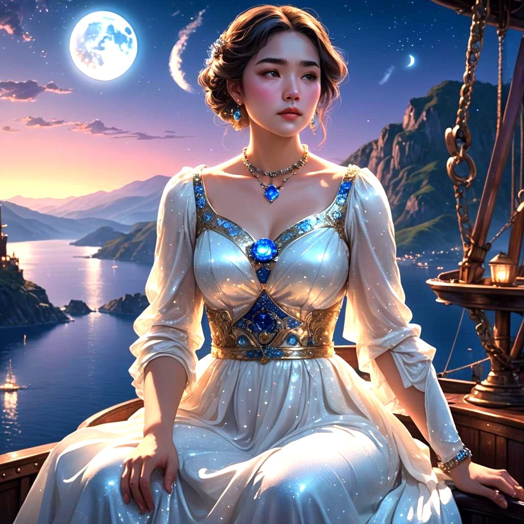 Woman in White Dress on Ship at Night