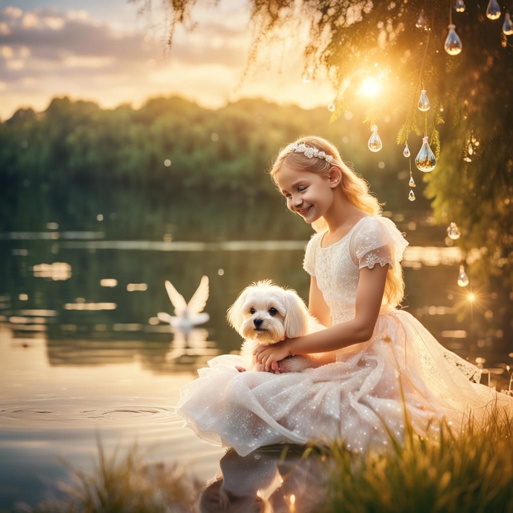 Fairy Angel and Maltese Puppy by Lake