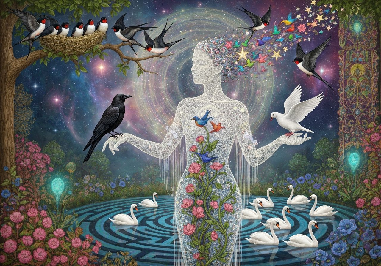Ethereal Filigree Woman Merges With Cosmic Birds