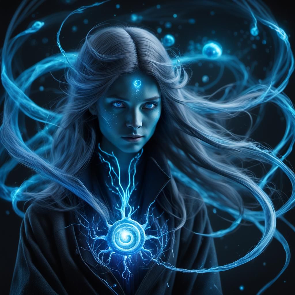 belle sorcière au cheveux long dégageant une lueur bleu électrique