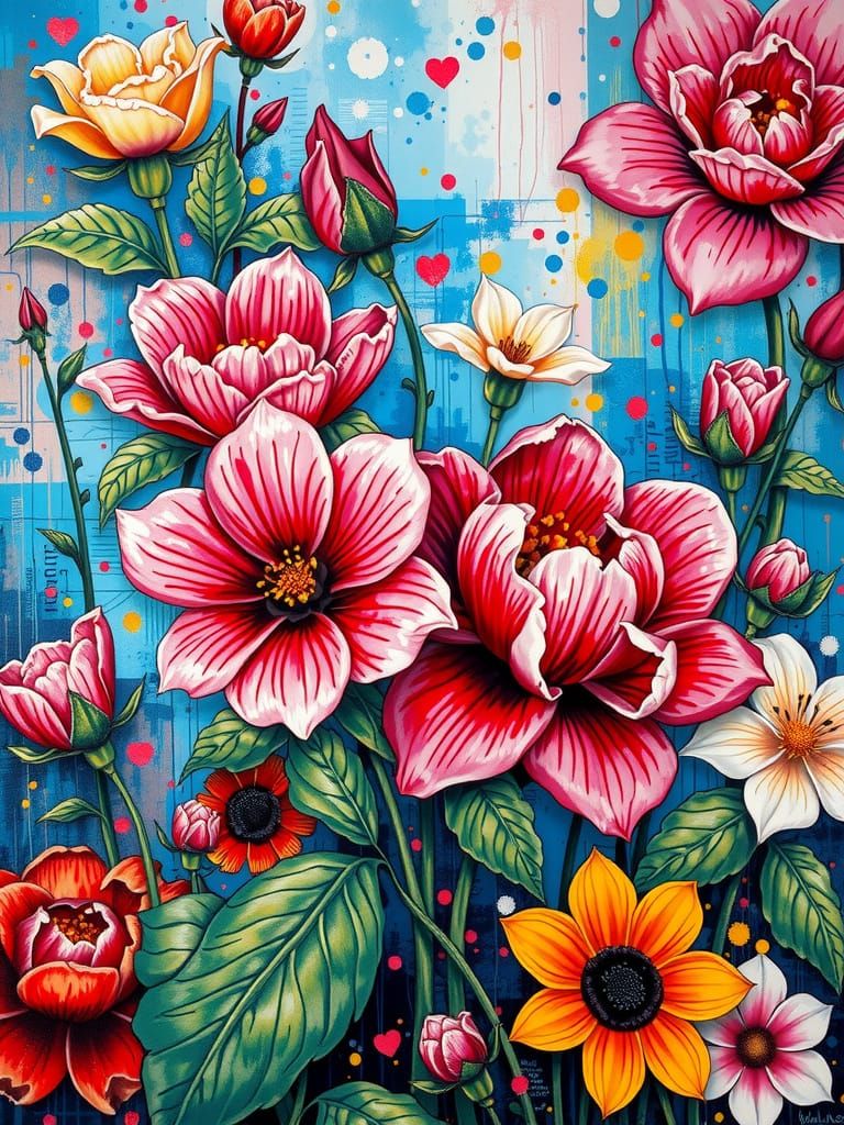 Surreal Street Art Mosaic Blooms with Vibrant Flowers
