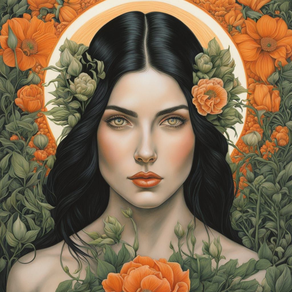 Woman with Moon Flowers: Colored Pencil Portrait