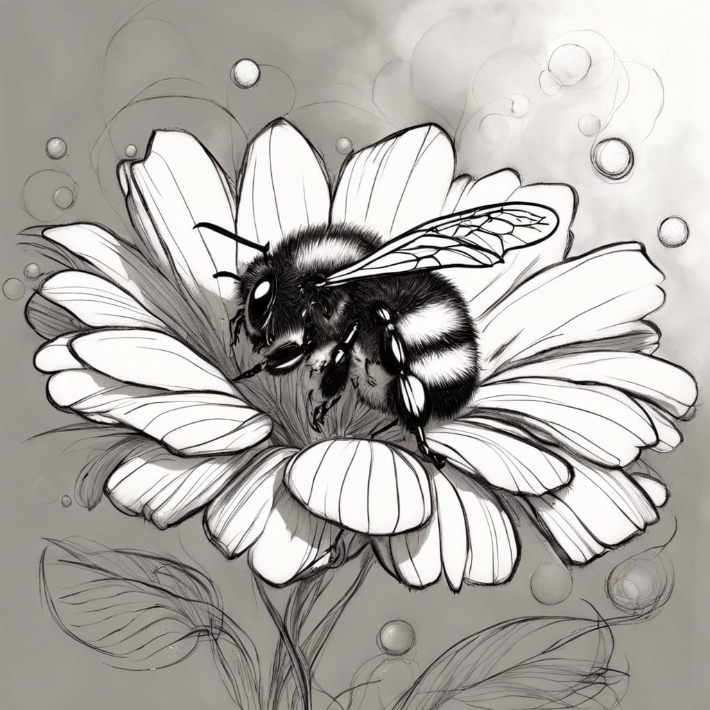 Bumblebee Sleeping on Flower: Pen Sketch Art