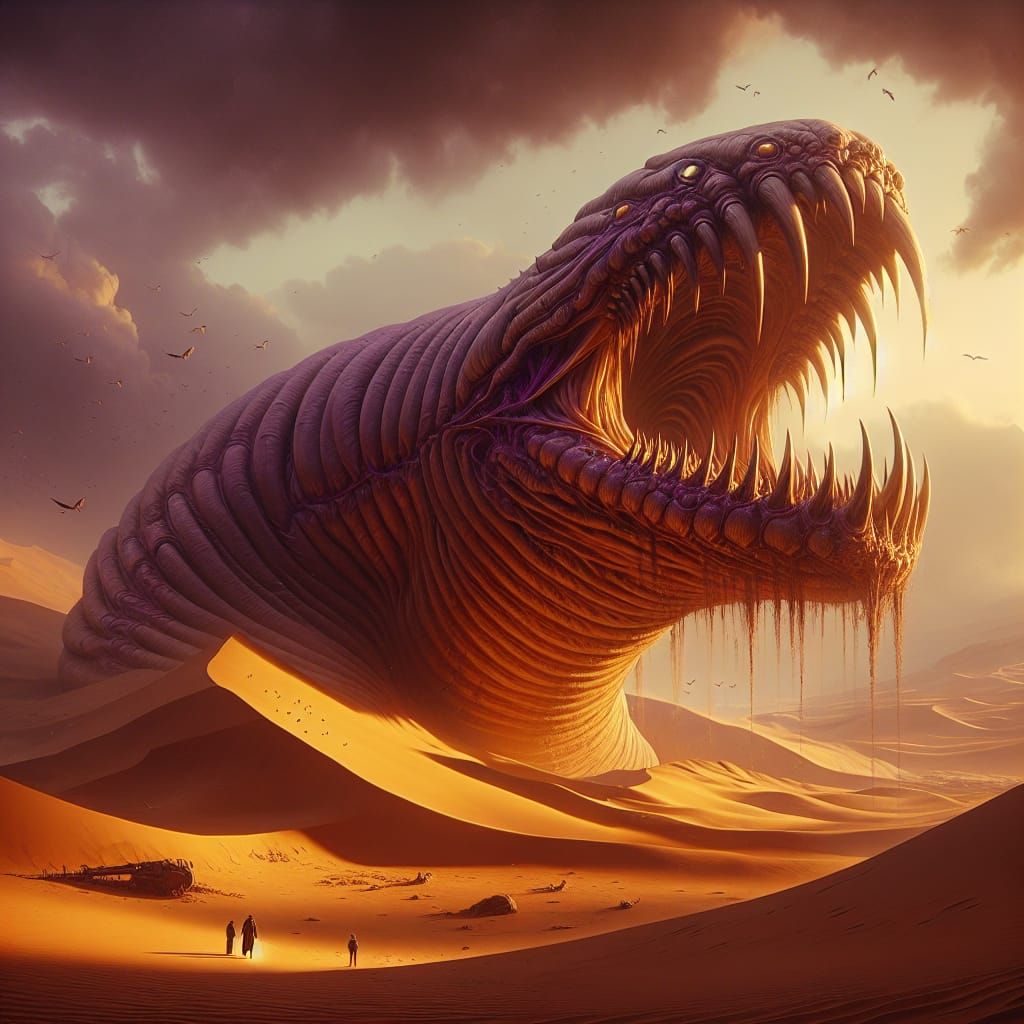 Immense Sandworm in Purple and Yellow Desert Landscape