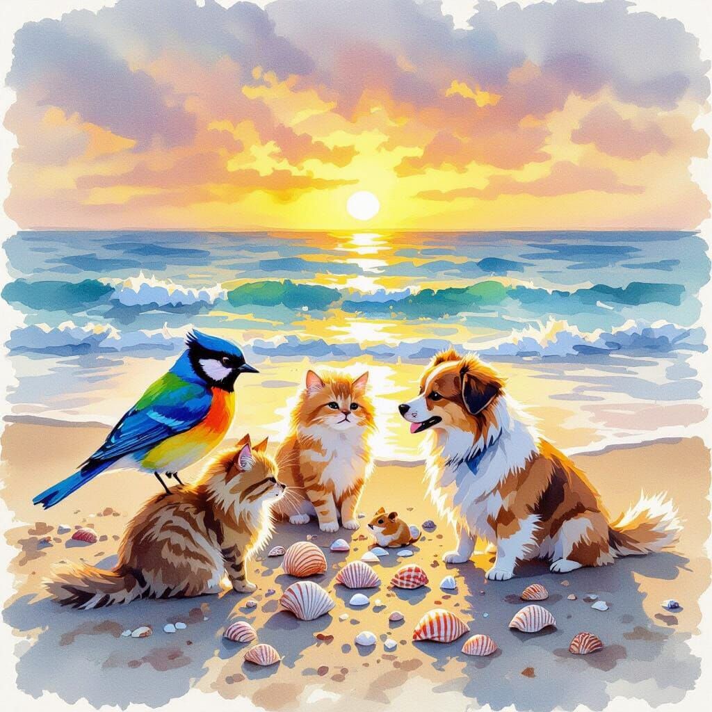 Animals Play on Beach by Sparkling Ocean at Sunset