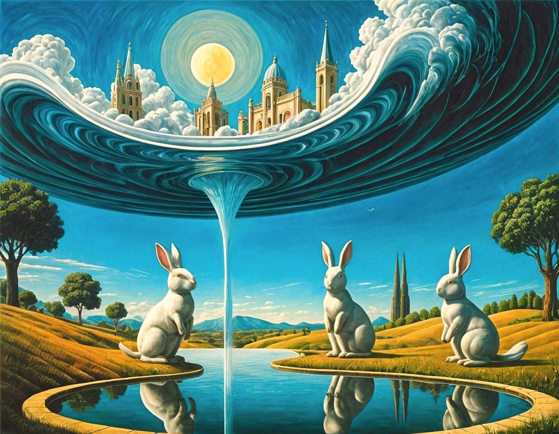 Surreal Bunny Battle Above Utopian Landscape
