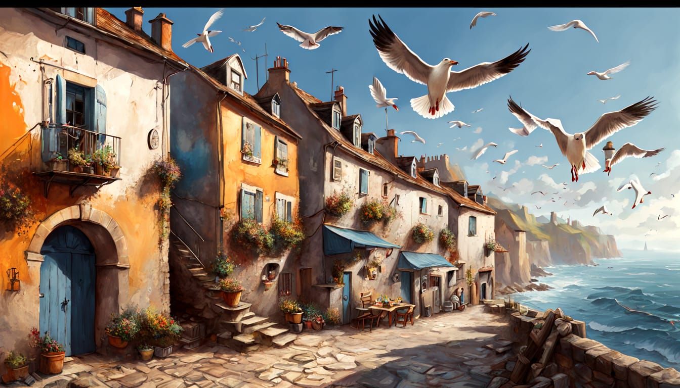 Seaside Village Digital Painting with Flying Seagulls