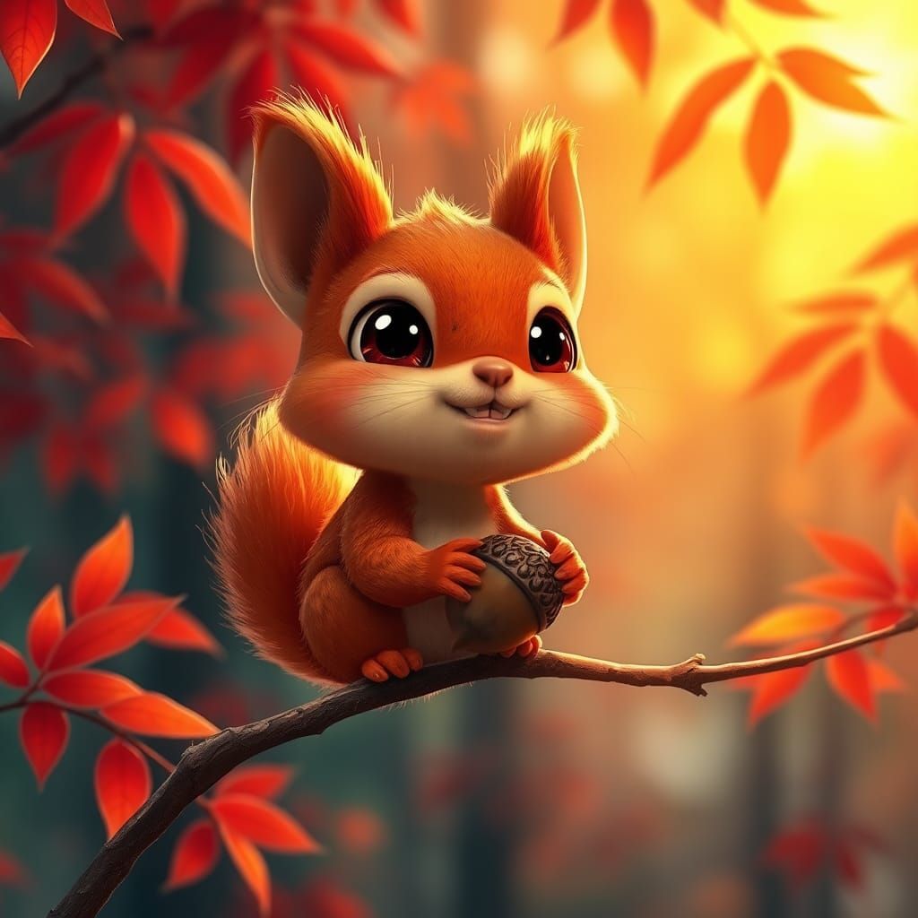 Chibi Red Squirrel in Vibrant Autumn Forest