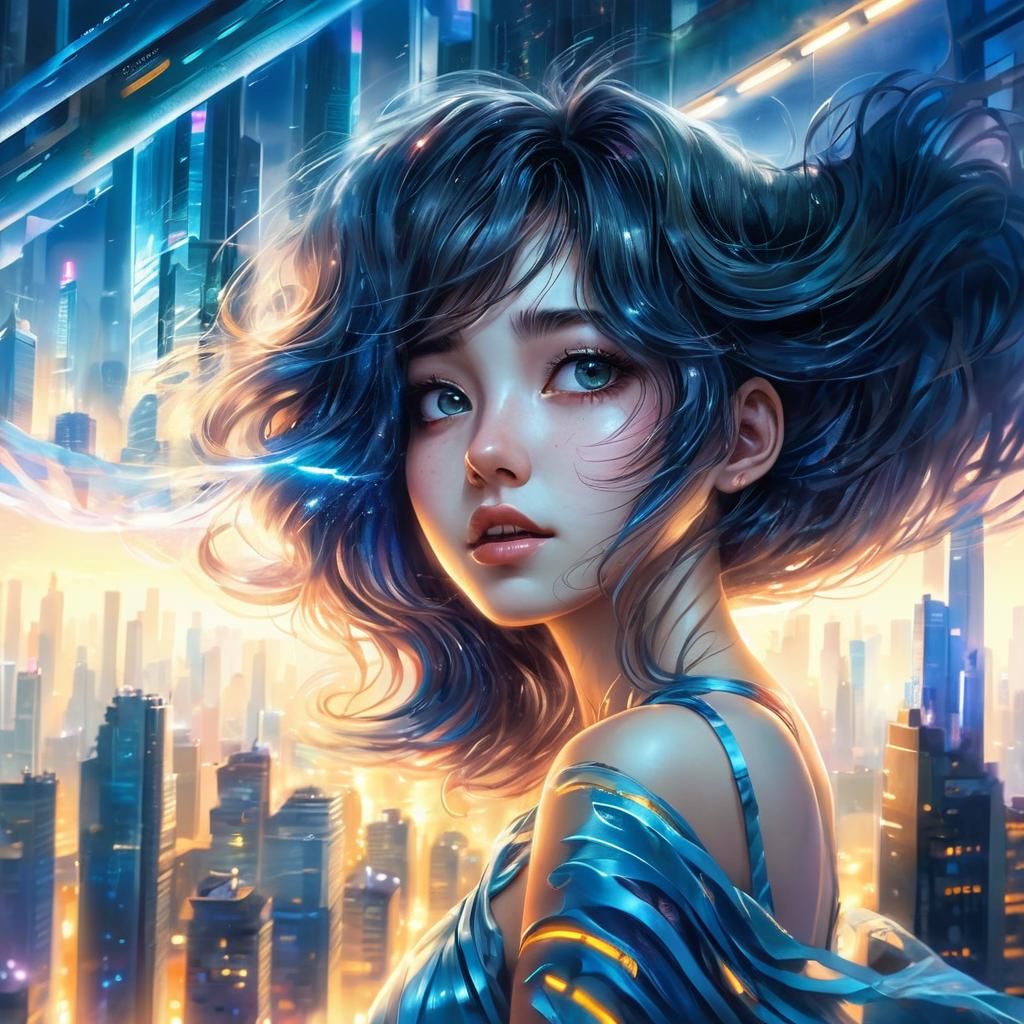 Woman Overlooking Futuristic Cityscape at Twilight