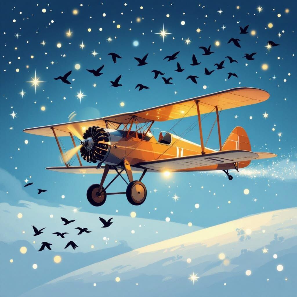 Warm Biplane Flies Through Cold Christmas Sky